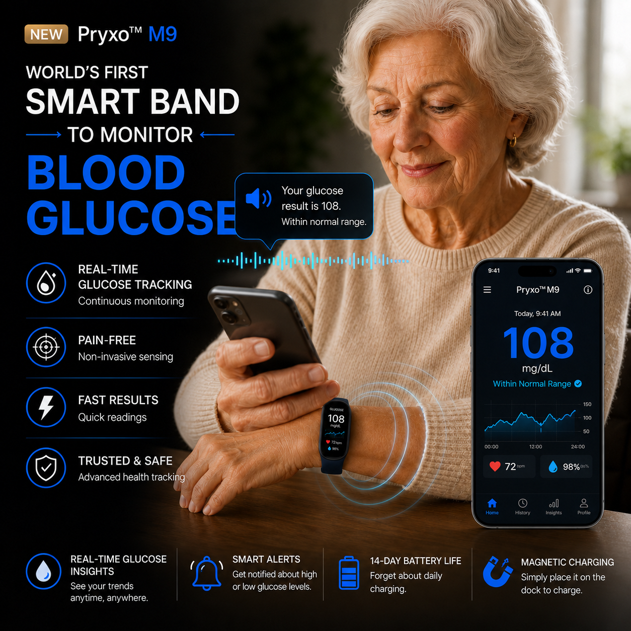 ⚡ Final 1 Hours Launch Offer 🏆 2026  M9 Non-Invasive Smart Band 📈12 health reports - No-Prick